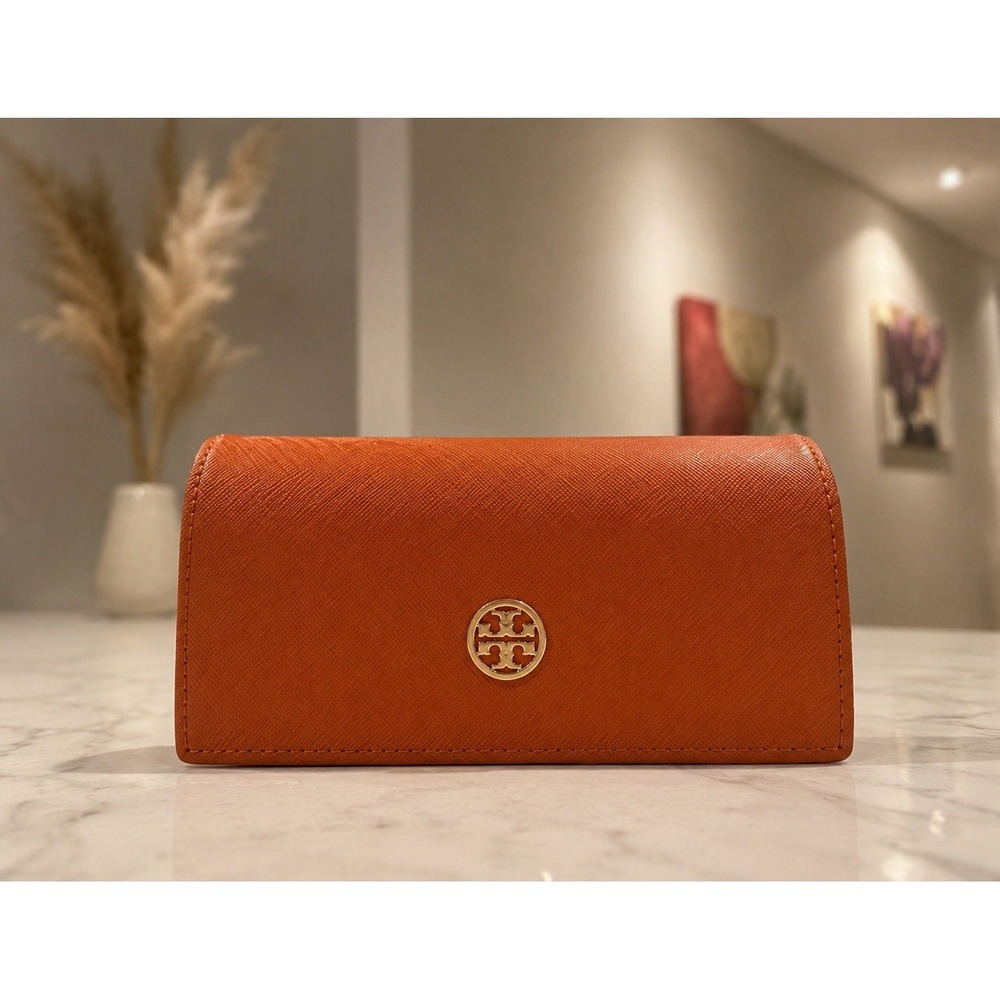 Tory Burch Robinson Orange Saffiano Leather Sunglasses Eyeglass Case Gold Logo
